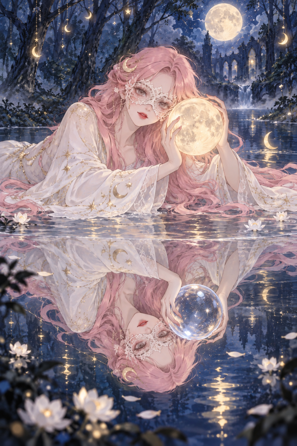 月光女巫与湖中倒影,掌边是许愿月亮,倒影旁是抽牌水晶球